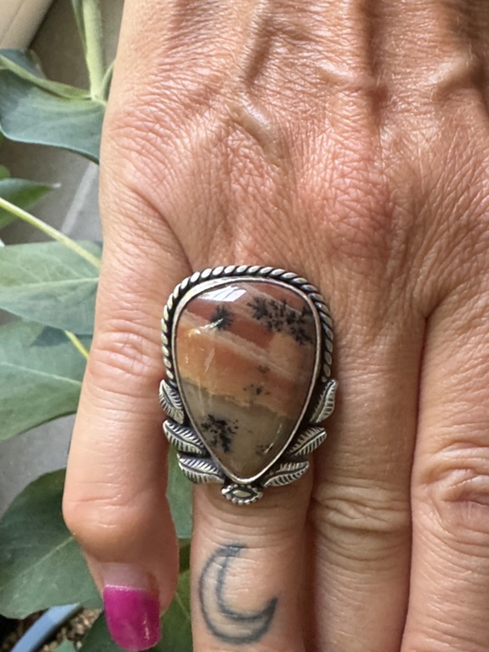 Honey Dendrite Sterling Silver  Agate Statement Ring 8